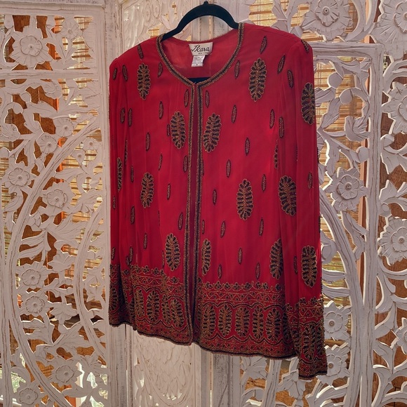 Glamorous red silk  embellished Silk women’s vintage jacket-Medium - Picture 3 of 16